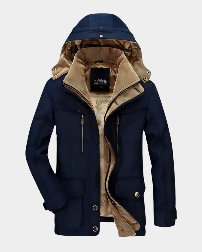 Herren Winterjacke dunkelblau mit Kapuze und warmem Fleece-Futter
