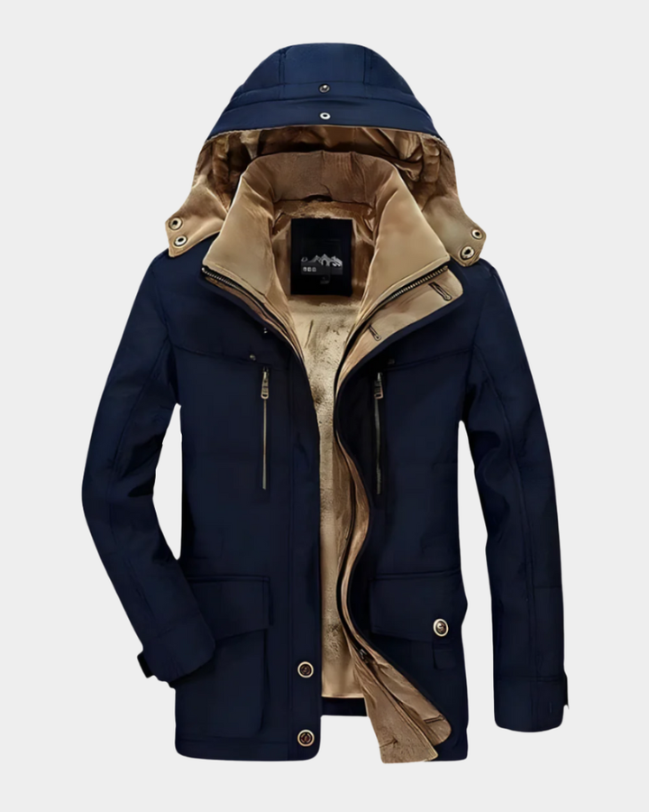 Herren Winterjacke dunkelblau mit Kapuze und warmem Fleece-Futter