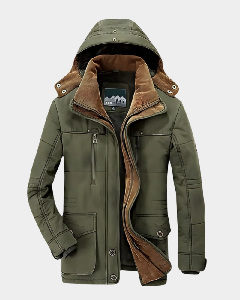 Herren Winterjacke olivgrün mit abnehmbarer Kapuze und Kunstfellbesatz
