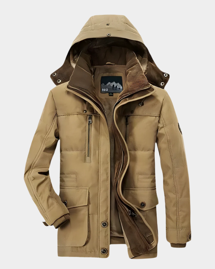 Herren Winterjacke khaki mit Kapuze und mehreren Reißverschlusstaschen