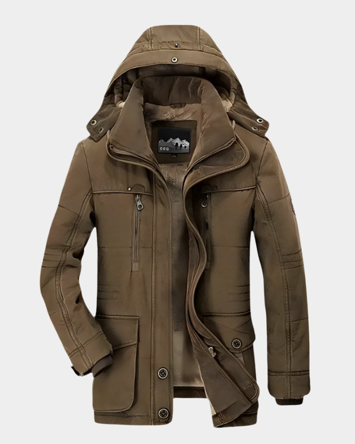 Herren Winterjacke braun mit Kunstfellkapuze und Fleece-Futter offen