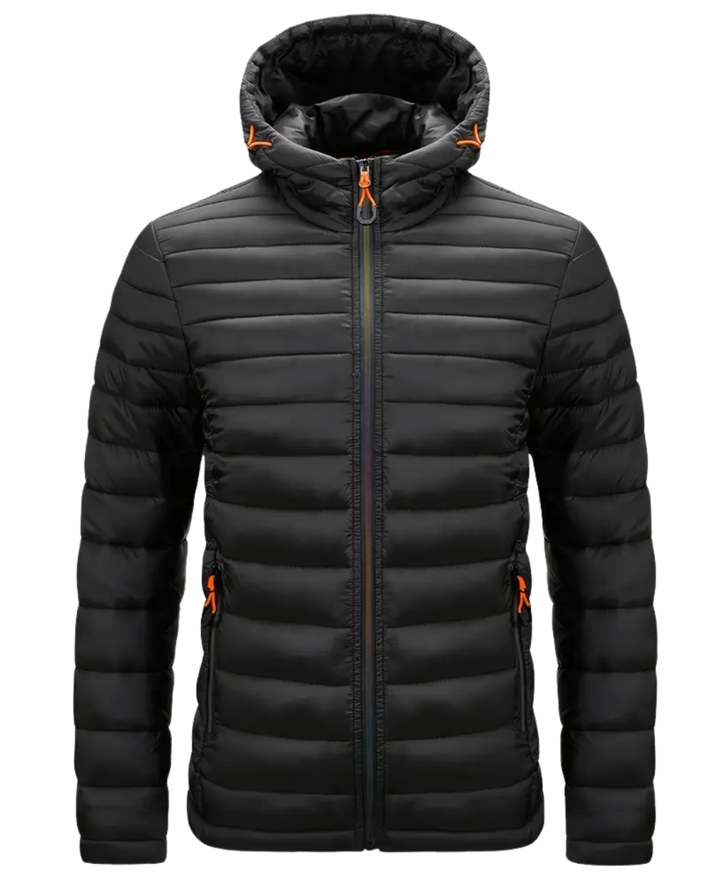 Schwarze Steppjacke mit Kapuze und orangefarbenen Zipper-Details, Frontansicht