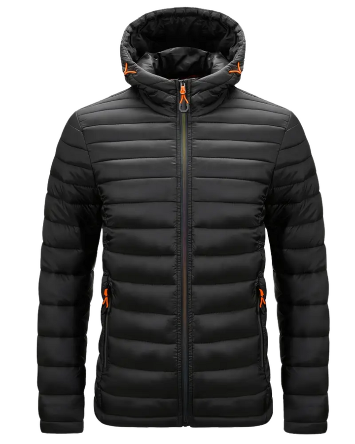 Schwarze Steppjacke mit Kapuze und orangefarbenen Zipper-Details, Frontansicht