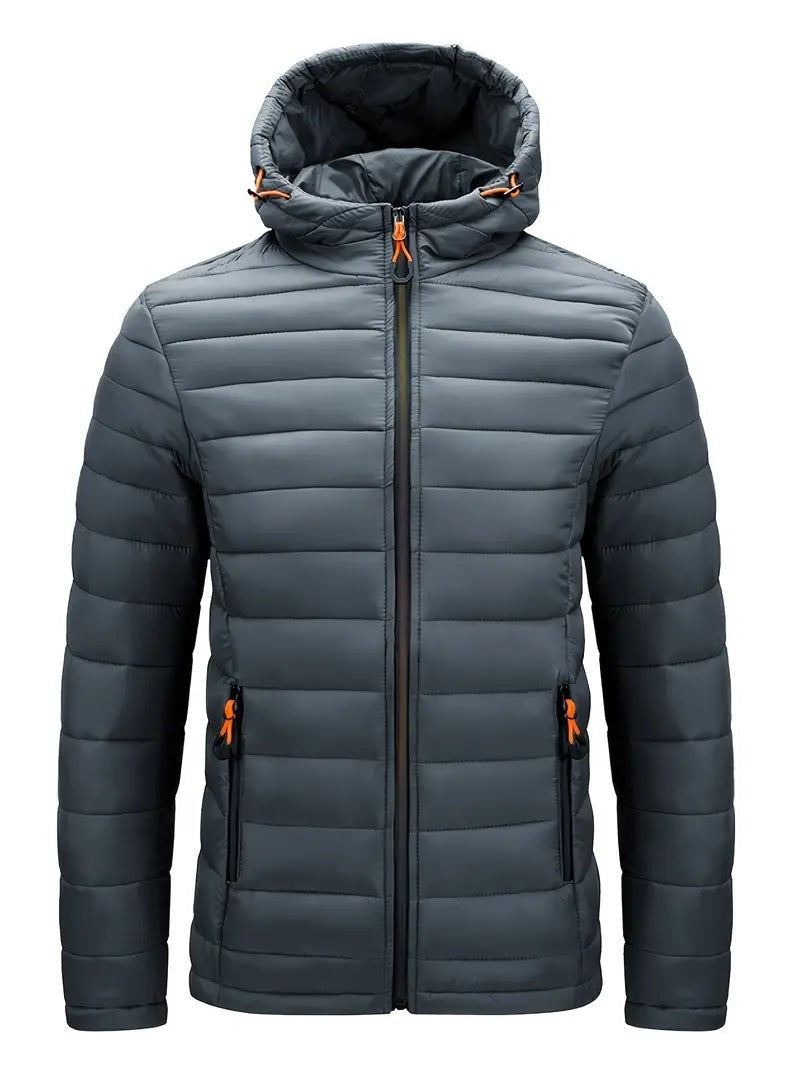 Anthrazitfarbene Winterjacke mit Kapuze und orangefarbenen Zippern