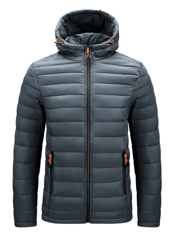 Anthrazitfarbene Winterjacke mit Kapuze und orangefarbenen Zippern