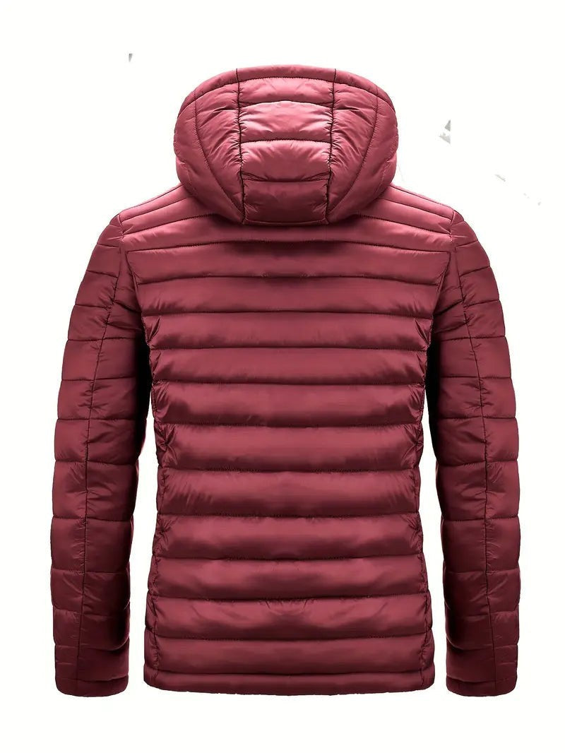 Weinrote gesteppte Winterjacke mit Kapuze, Rückenansicht
