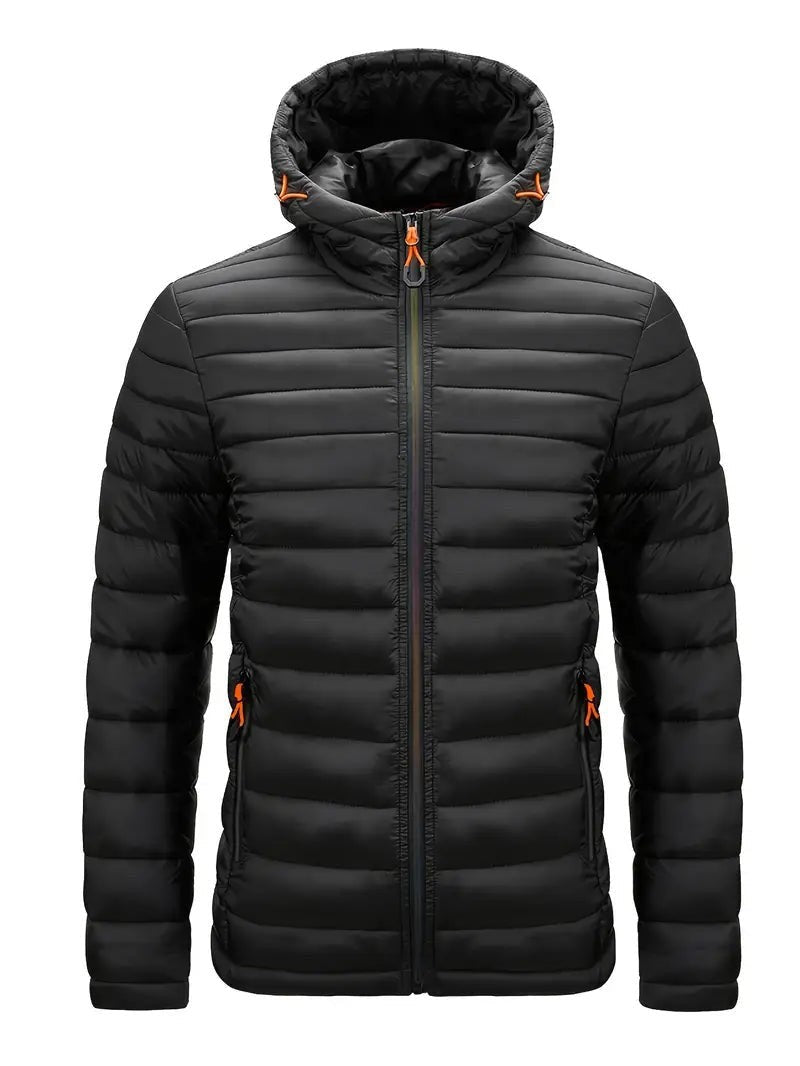 Herren Winterjacke schwarz mit Kapuze und Kontrast-Reißverschlusszipper