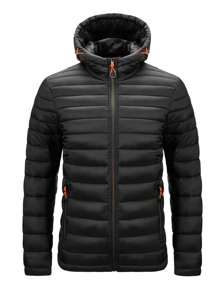 Herren Winterjacke schwarz mit Kapuze und Kontrast-Reißverschlusszipper