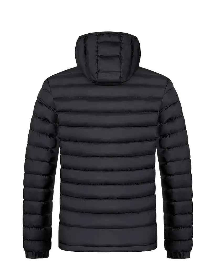 Schwarze gesteppte Winterjacke mit Kapuze, Rückenansicht