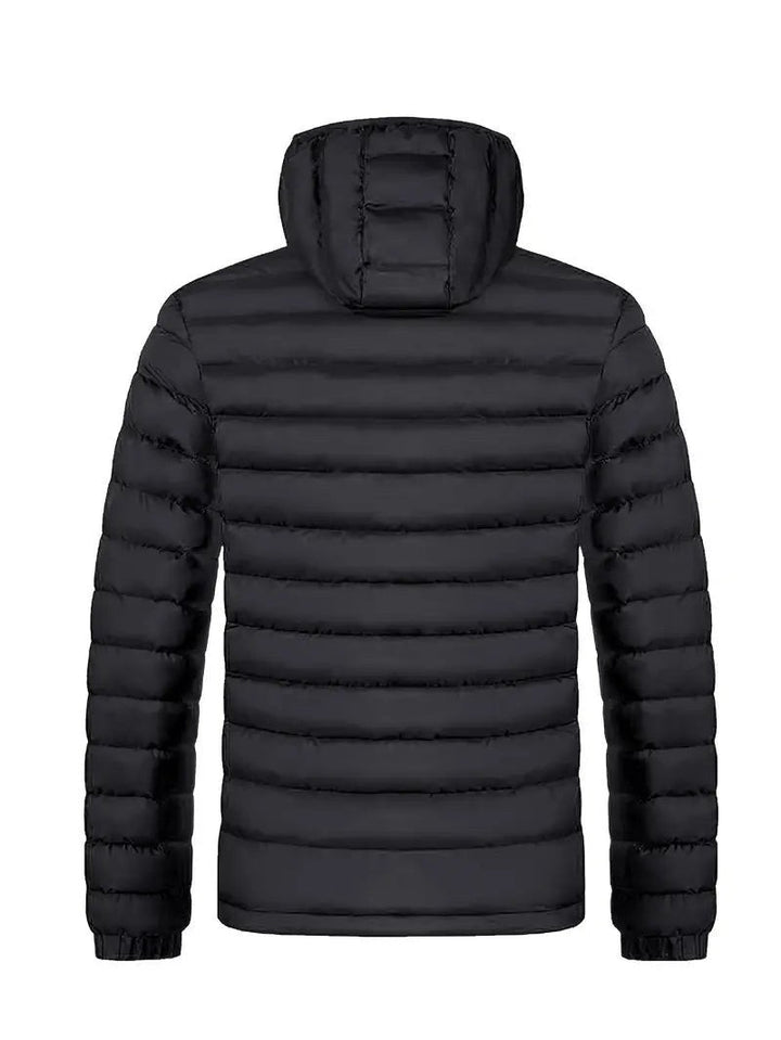Schwarze gesteppte Winterjacke mit Kapuze, Rückenansicht