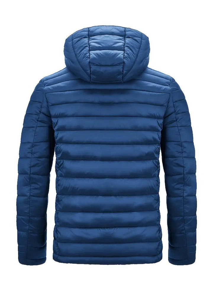 Blaue wattierte Winterjacke mit Kapuze, Rückenansicht