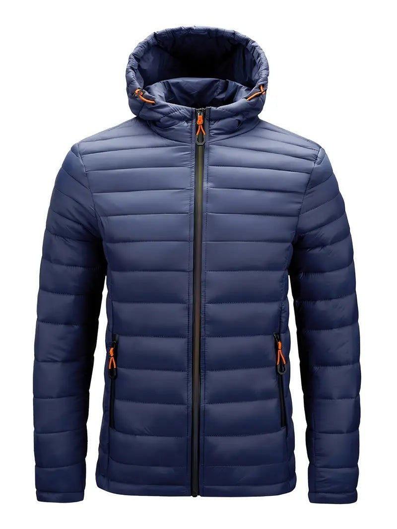Navyblaue Herrenjacke mit Kapuze und Kontrastzipper, Frontansicht