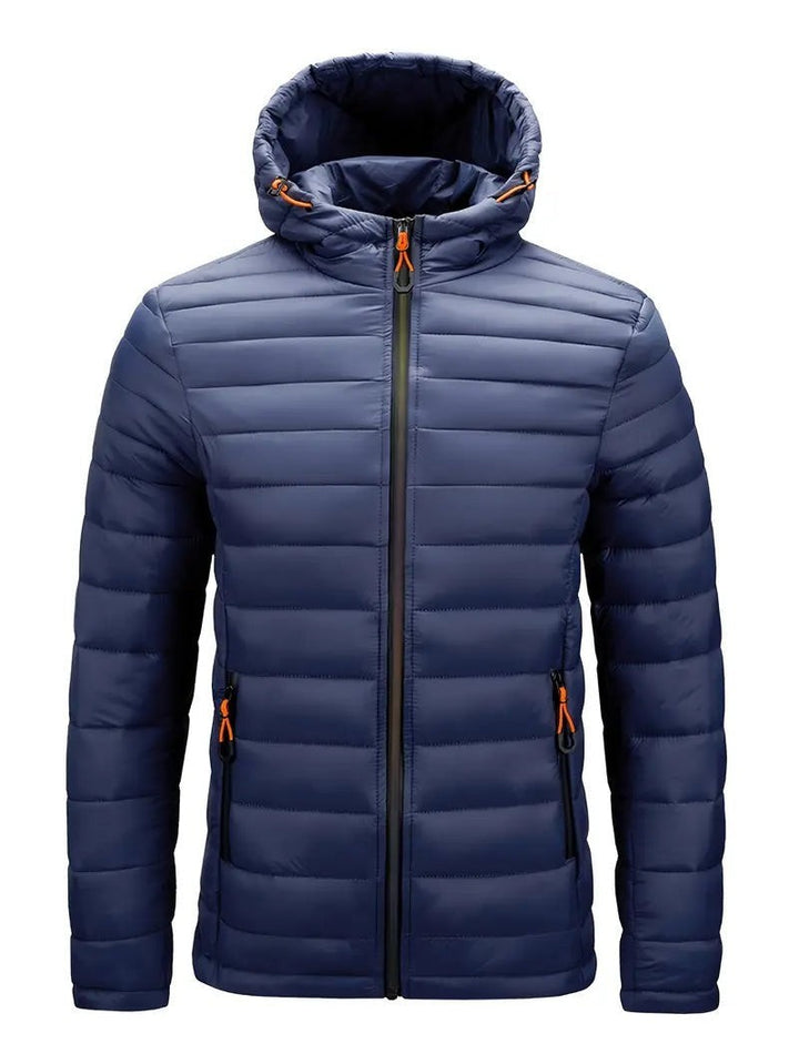 Navyblaue Herrenjacke mit Kapuze und Kontrastzipper, Frontansicht