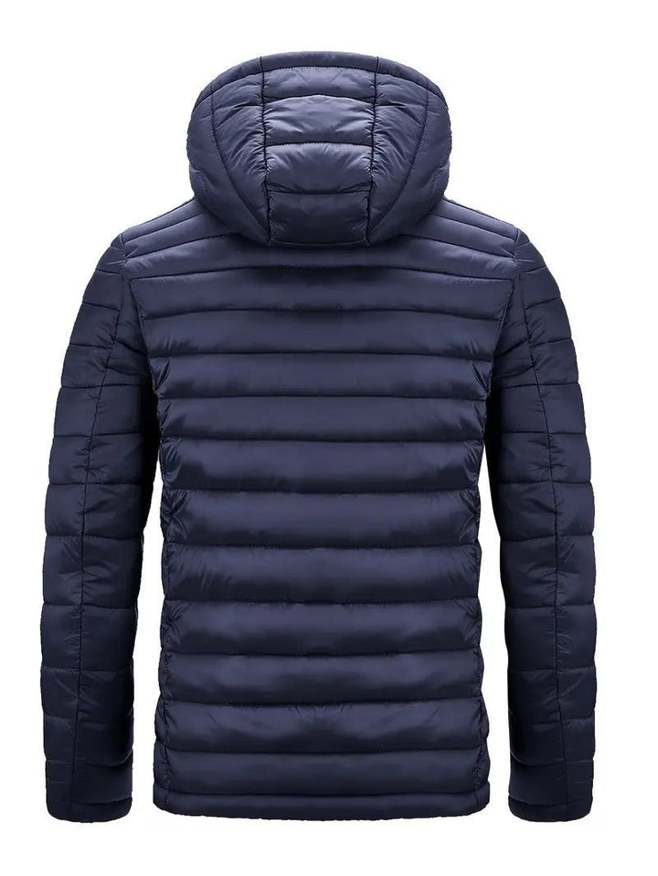 Navyblaue Steppjacke mit Kapuze, Rückenansicht