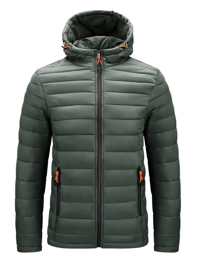 Olivgrüne wattierte Winterjacke mit Kapuze, Frontansicht