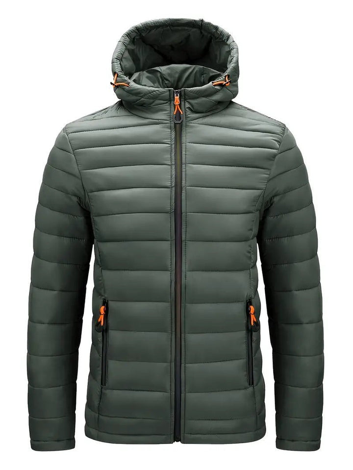 Olivgrüne wattierte Winterjacke mit Kapuze, Frontansicht