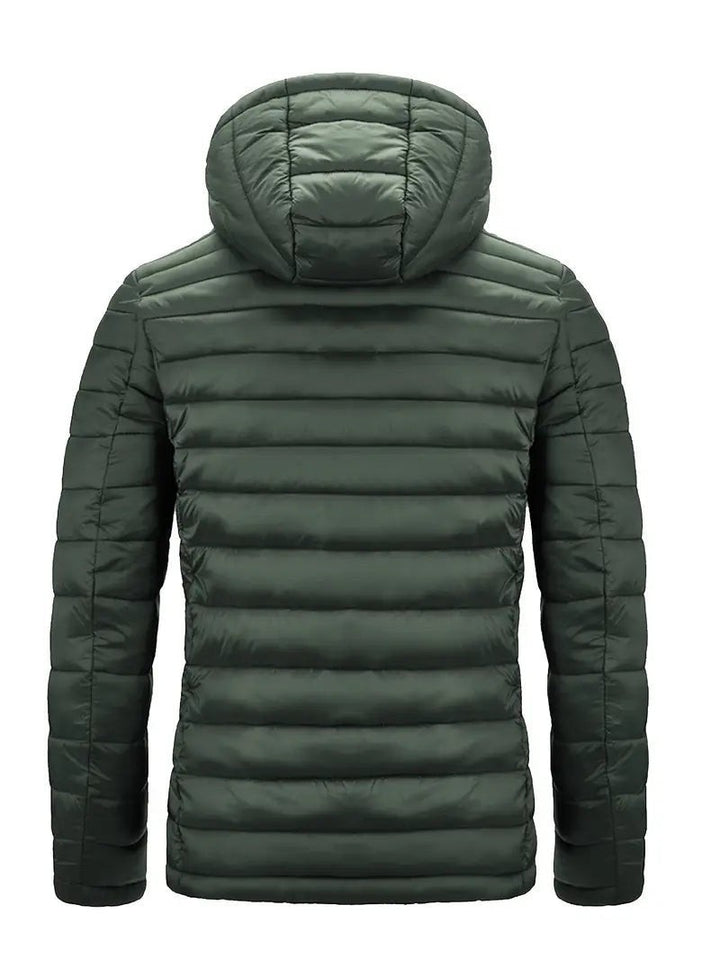 Olivgrüne Steppjacke mit Kapuze, Rückenansicht