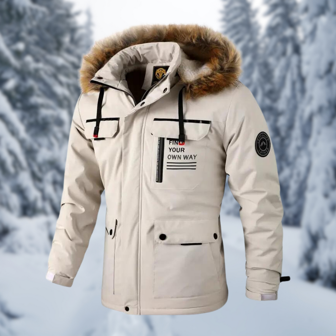 Herren Winterjacke Anton in Beige mit Kunstfell-Kapuze und Stehkragen