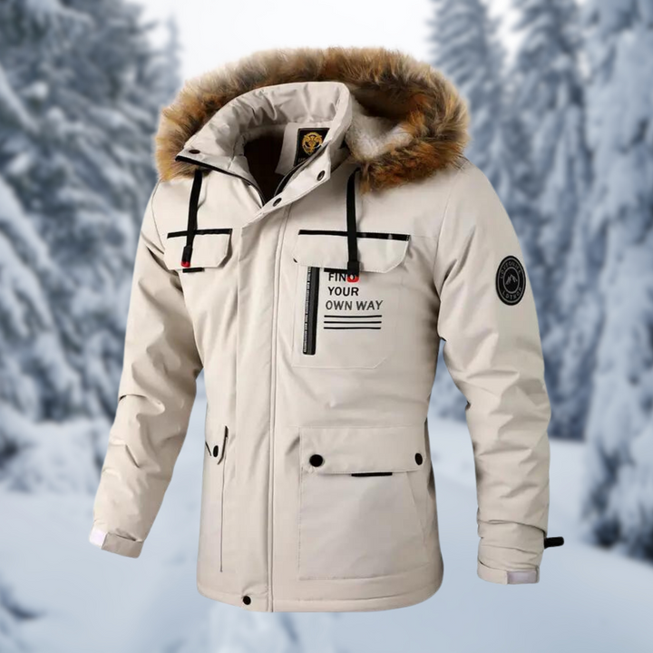 Herren Winterjacke Anton in Beige mit Kunstfell-Kapuze und Stehkragen