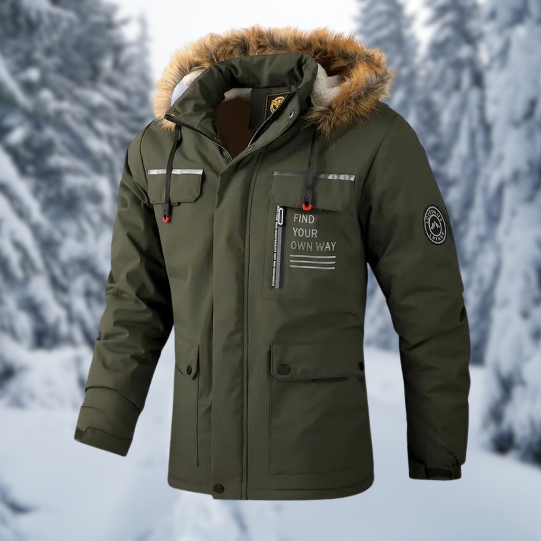 Warm gefütterte Winterjacke Anton in Olivgrün mit Kunstfellkragen