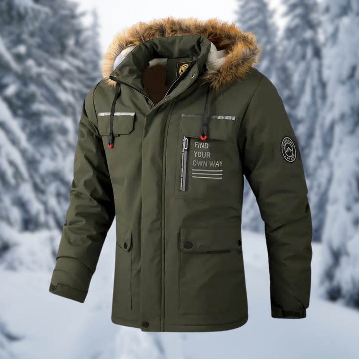 Warm gefütterte Winterjacke Anton in Olivgrün mit Kunstfellkragen