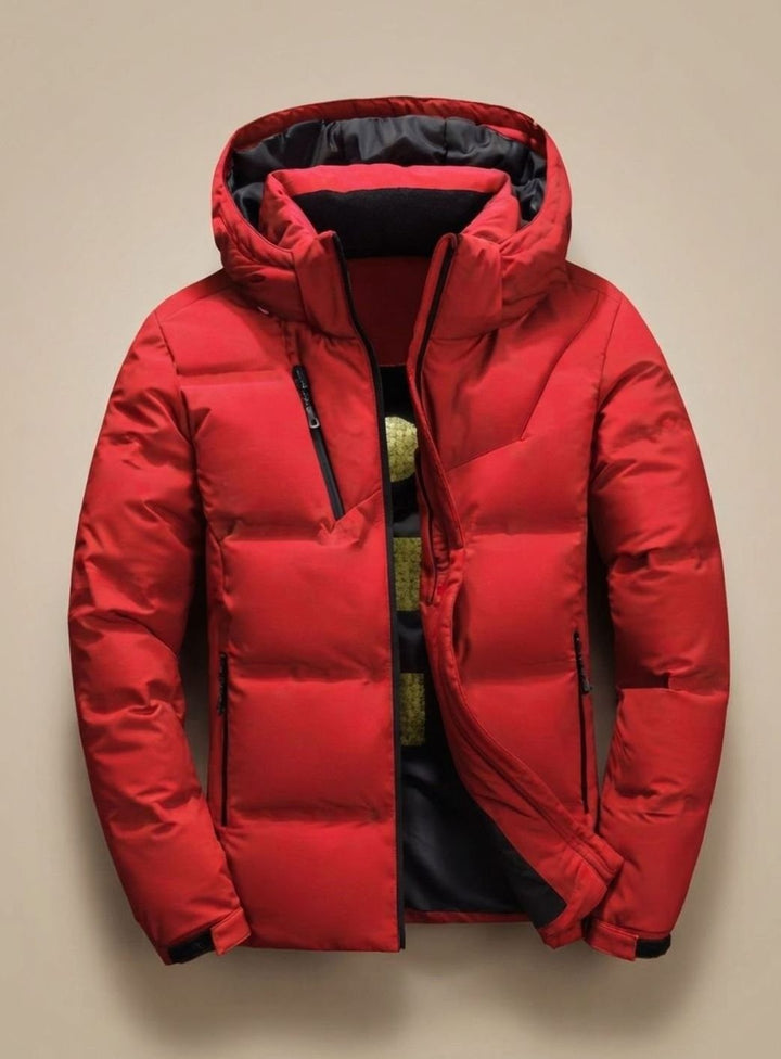 Rote Herren-Winterjacke mit abnehmbarer Kapuze und Reißverschlusstaschen