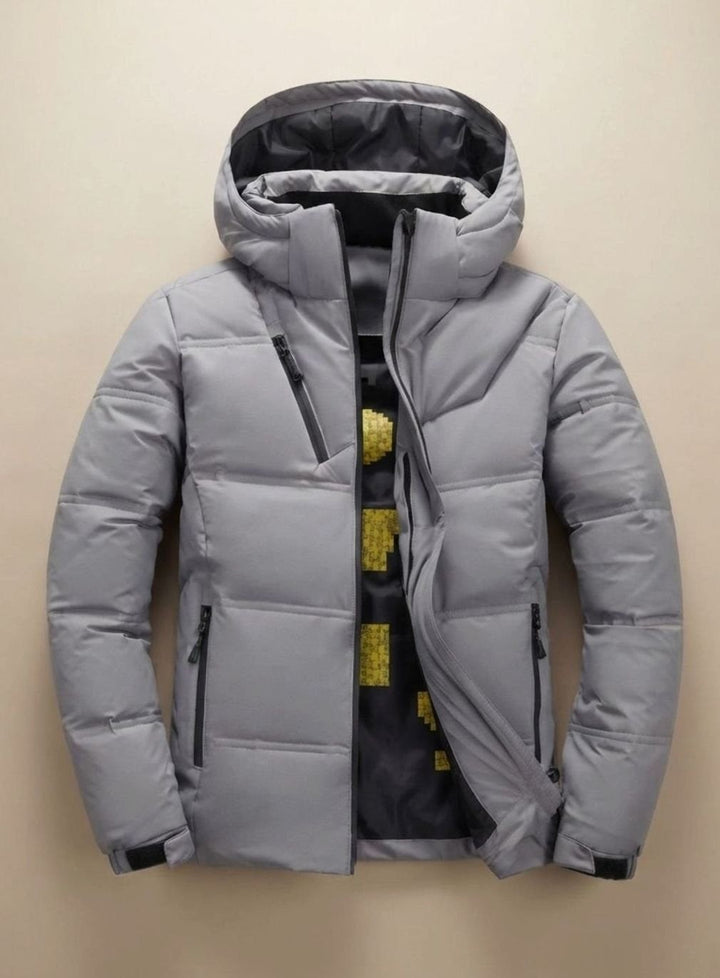 Graue gesteppte Winterjacke mit Kapuze und Stehkragen für Herren