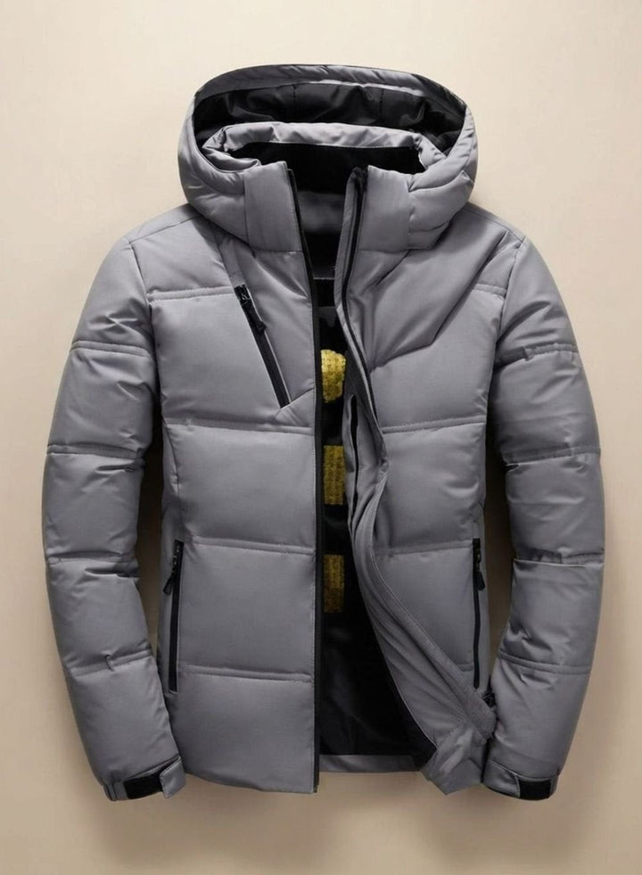 Hellgraue Herren-Winterjacke mit Stehkragen und abnehmbarer Kapuze