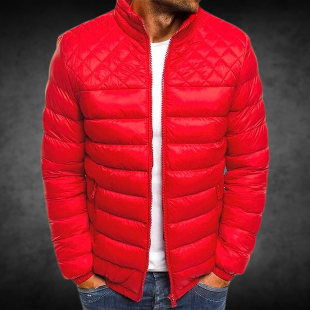 Rote Herren-Steppjacke mit Stehkragen und Rautensteppung am Kragen