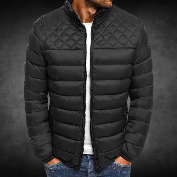 Schwarze gesteppte Winterjacke für Herren mit Stehkragen und Reißverschluss