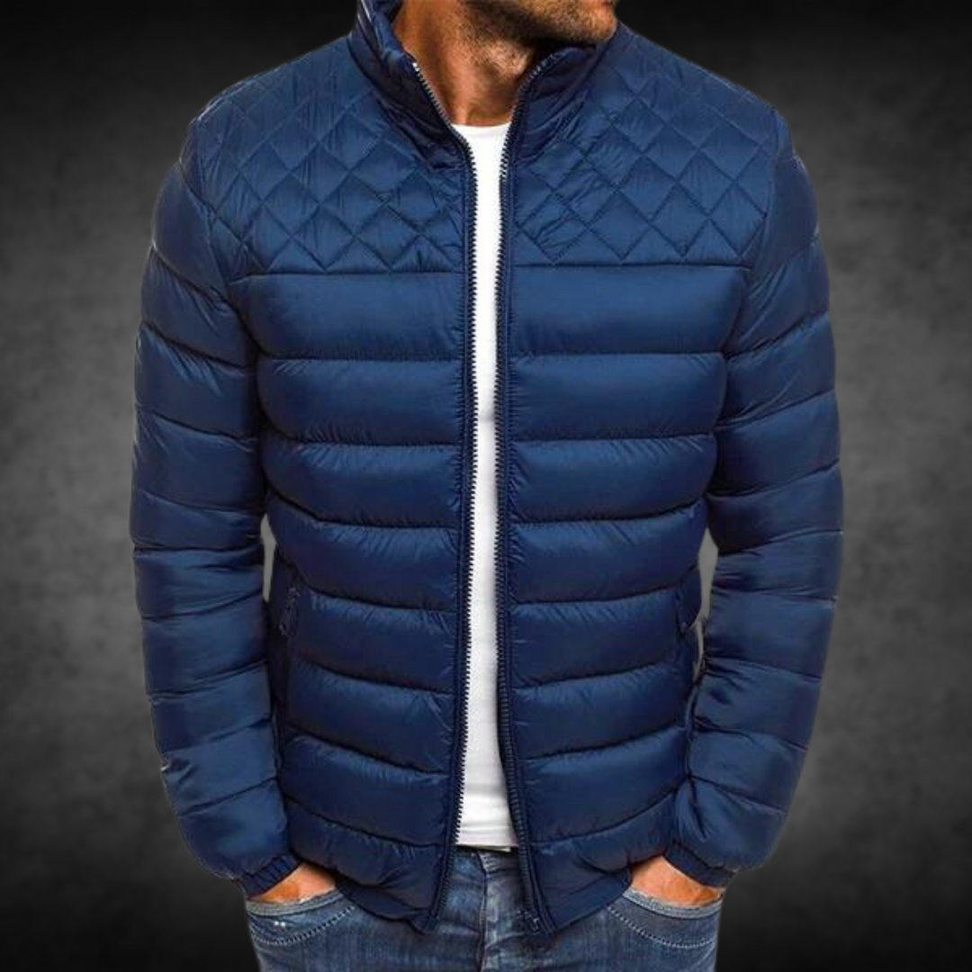 Dunkelblaue Herrenjacke mit Stehkragen, Rautensteppung und elastischen Bündchen