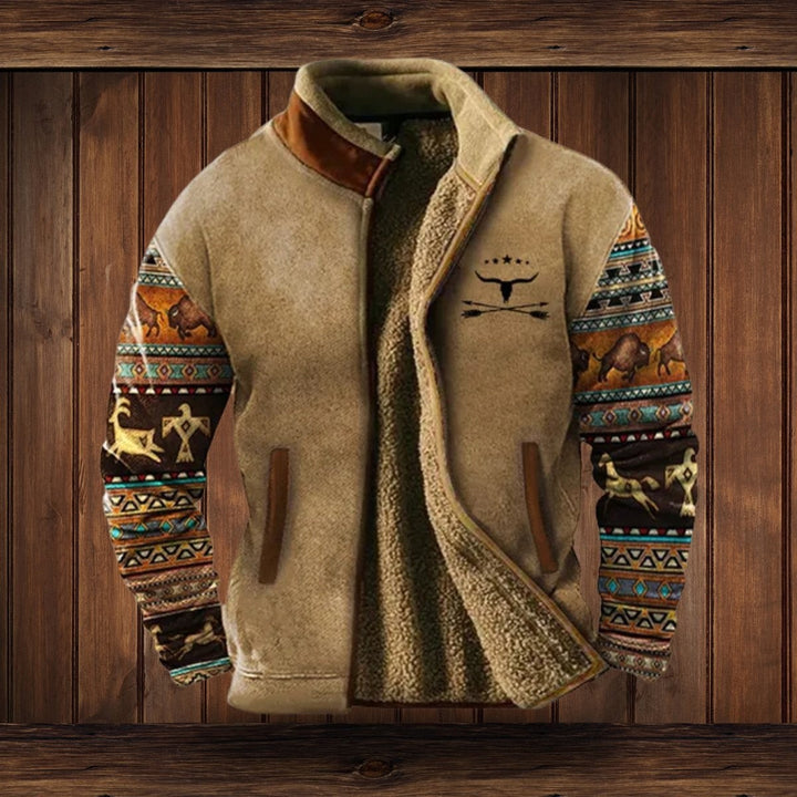 Herrenjacke beige mit Azteken-Muster Ärmeln und Sherpa-Futter, Stehkragen