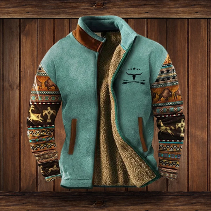 Herrenjacke mint mit Western-Print Ärmeln, Stehkragen und Sherpa-Futter
