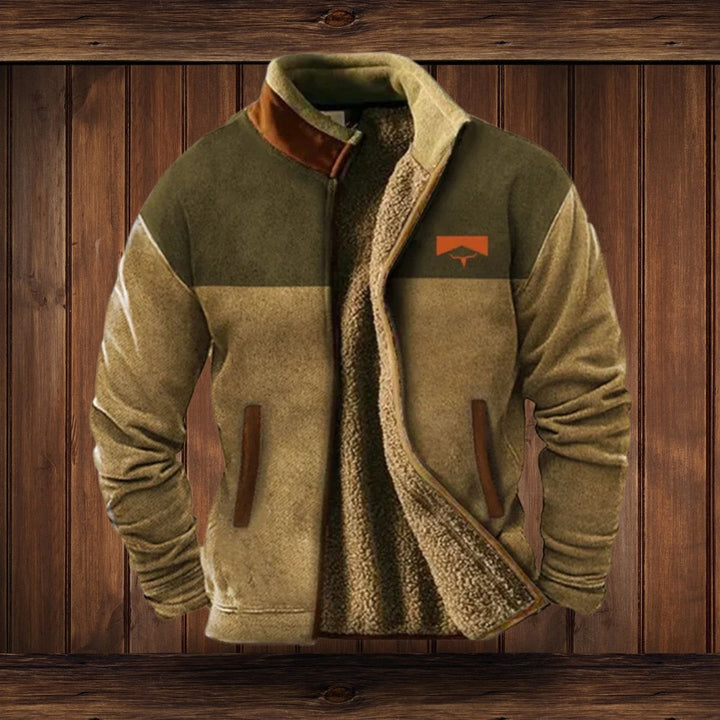 Fleecejacke oliv-beige im Colorblock-Design mit Sherpa-Futter und Stehkragen