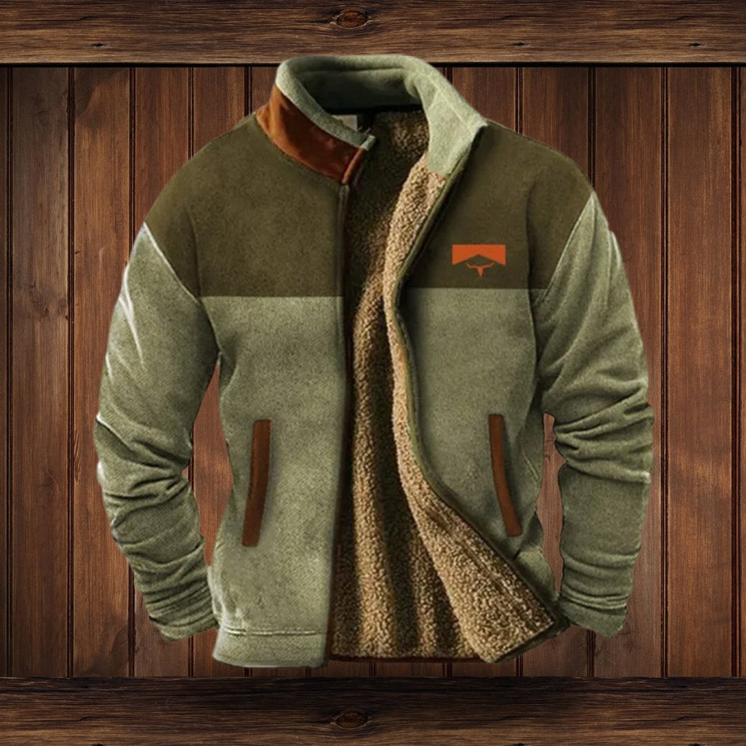 Herrenjacke grün melliert im Colorblock-Stil mit Stehkragen und Kunstfell-Futter