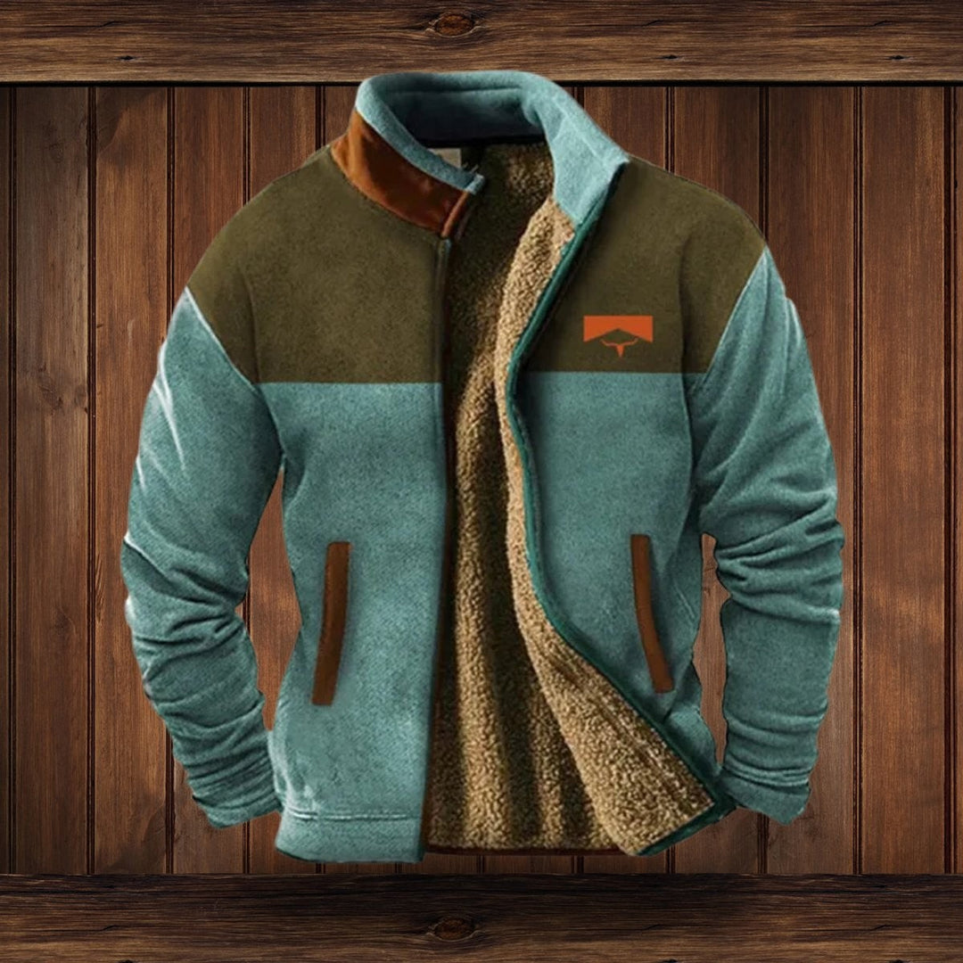 Herrenjacke mint-oliv im Colorblock-Look mit Stehkragen und Sherpa-Innenfutter
