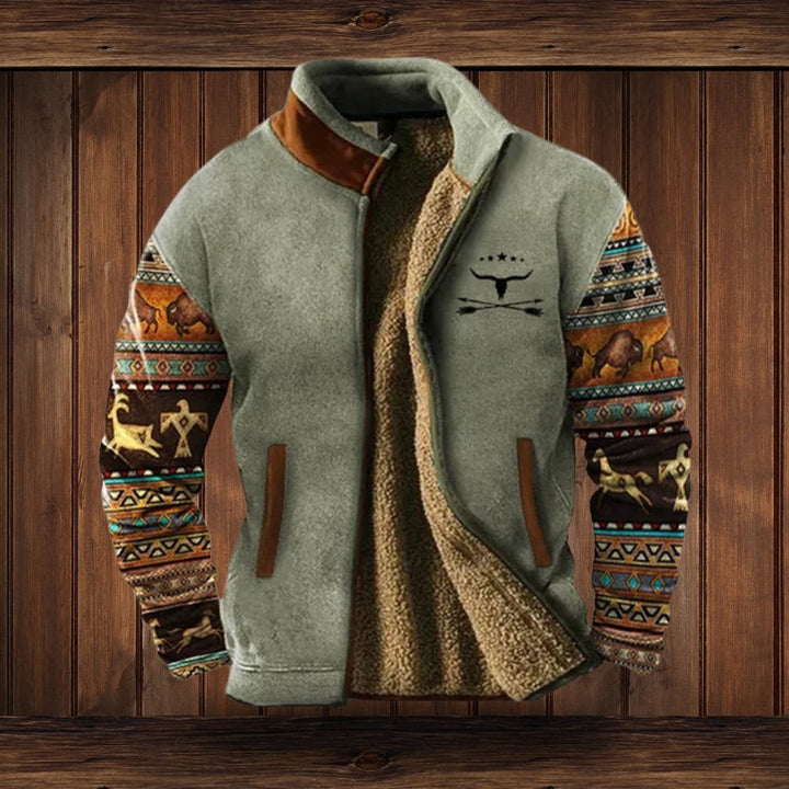 Winterjacke salbeigrün mit Azteken-Muster Ärmeln und Sherpa-Futter, Stehkragen
