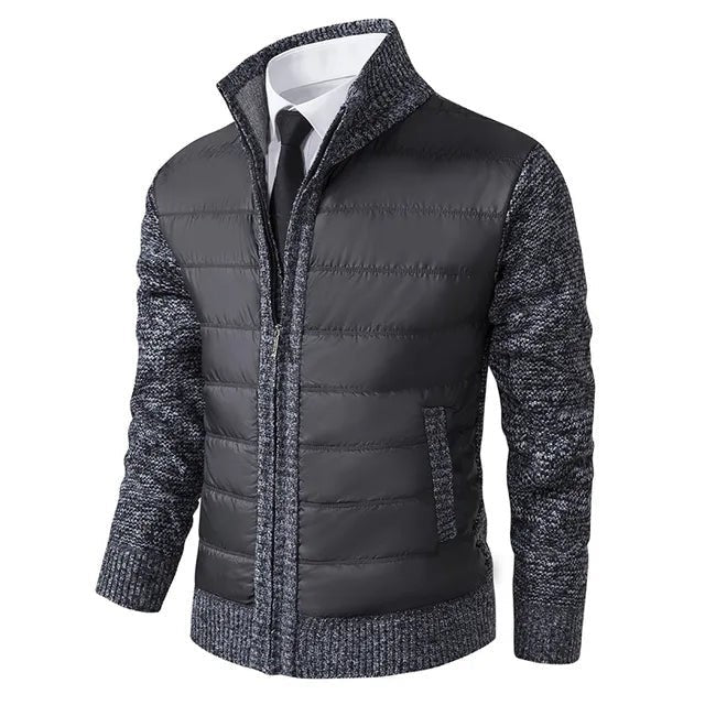 Steppjacke dunkelgrau mit meliertem Strickärmel und Reißverschluss