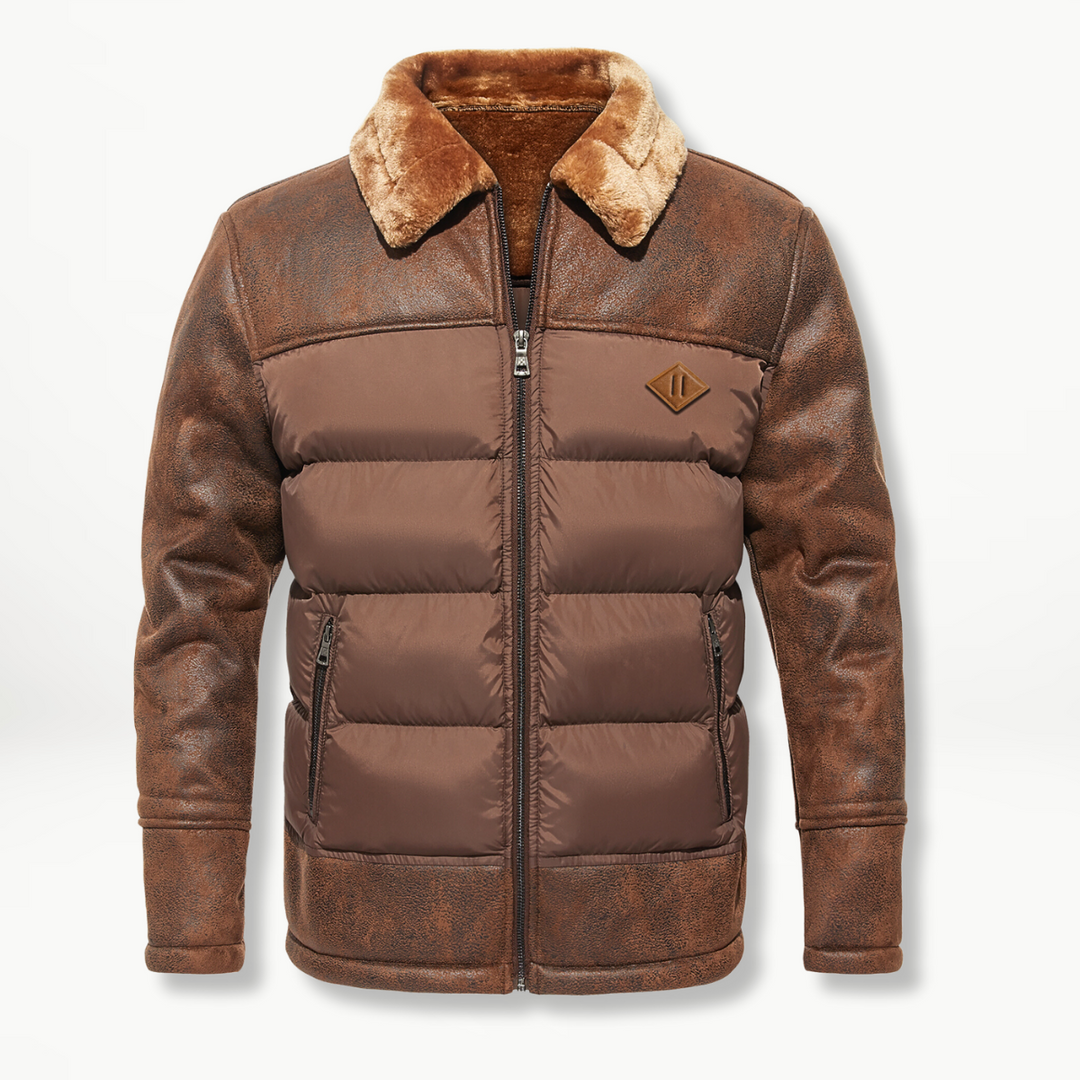 Herren Winterjacke braun mit Kunstfellkragen und gestepptem Vorderteil