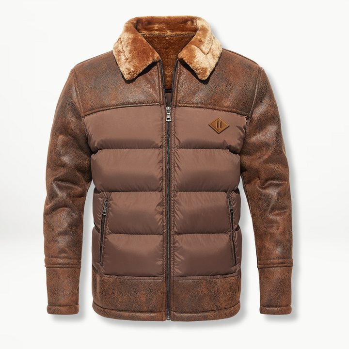 Herren Winterjacke braun mit Kunstfellkragen und gestepptem Vorderteil