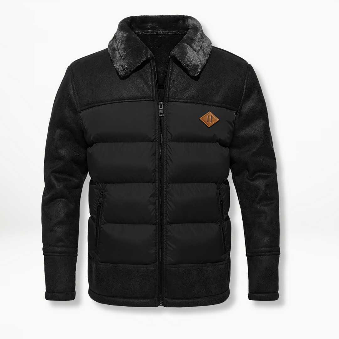 Herren Winterjacke schwarz mit Kunstfellkragen und veganem Leder-Besatz