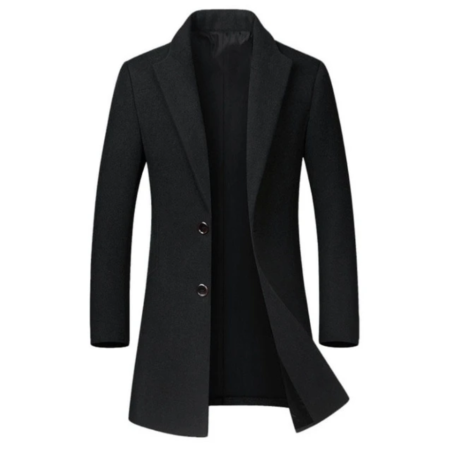 Schwarzer Wollmantel Herren mit Reverskragen und schmaler Taille