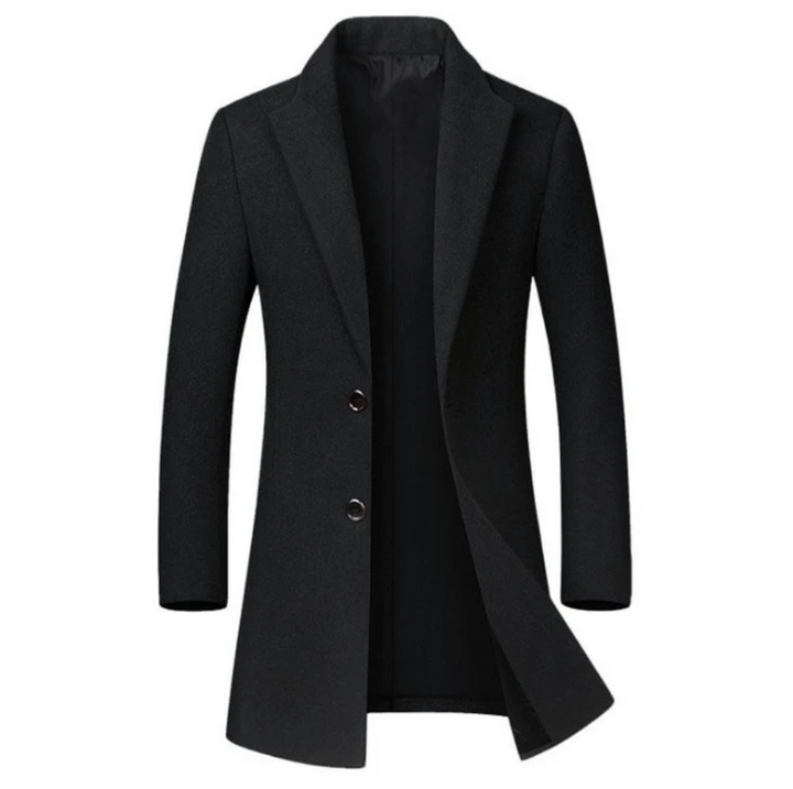 Schwarzer Wollmantel Herren mit Reverskragen und schmaler Taille