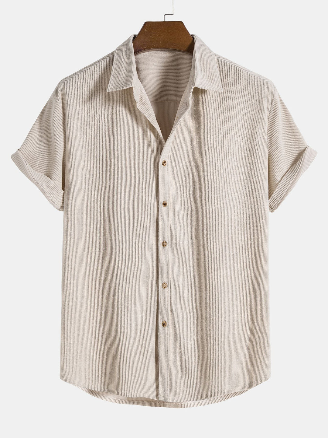 Kurzarm-Cordhemd in Beige mit Knopfleiste und Reverskragen