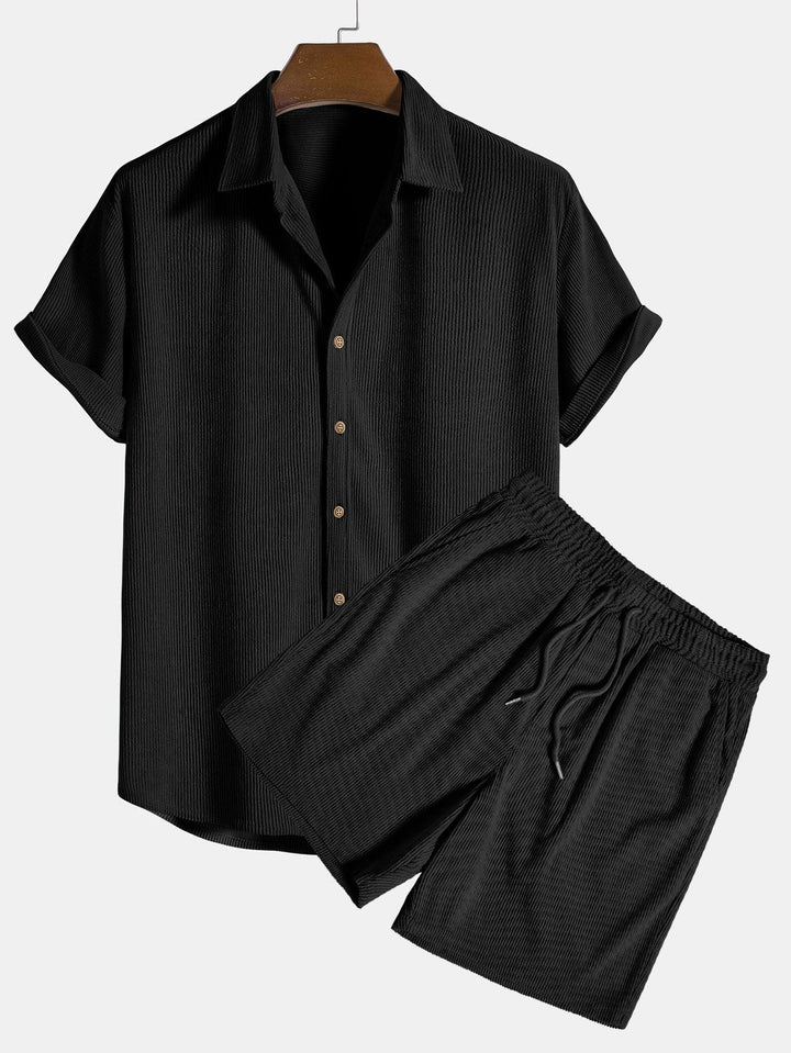 Schwarzes Cordhemd-Set mit Kurzarmhemd und passender Shorts