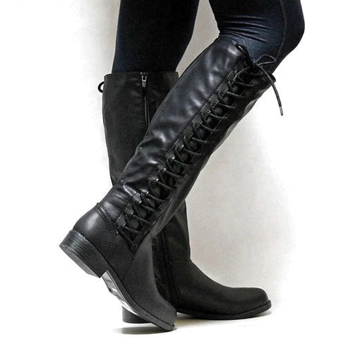 Kniehohe Stiefel in Schwarz aus veganem Leder mit Schnürung und Blockabsatz