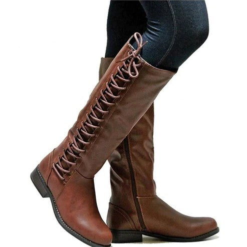 Kniehohe Stiefel in Braun mit Schnürung, Reißverschluss und Blockabsatz
