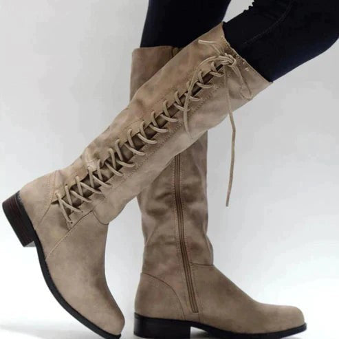 Kniehohe Stiefel in Beige aus Wildleder-Optik mit seitlicher Schnürung